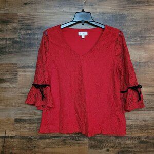 Elle Floral Lace Velvet Bow Bell Sleeve Top XL V Neck Red Coquette Romantic
